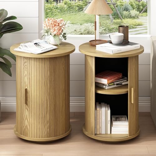 Wnutrees Round Fluted End Table, Small Accent Pedestal Side Table with Sliding Door & 2 Tier Storage Shelf, Wood Fluted Nightstand Bedside Table for Living Room, Bedroom, Natural