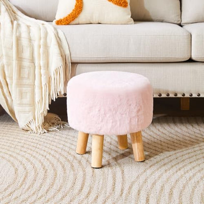 YMYNY Round Pouf Ottoman,12.6" Small Foot Stool,Pink HBD035P | Faux Fur, Wood Legs, Foot Rest for Couch, Modern Boho for Living Room Bedroom Office - color: Pink