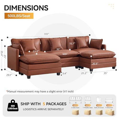 111'' Sectional Cloud Deep Seat Couch, Oversized Leather U Shaped Sectional Sofa for Living Room Set, Comfy Upholstered Modular 5-Seats Sectional Sofa Couch with 2 Movable Ottoman, Leather Brown - color: Pu-dark Brown, size: 111'' U Shape