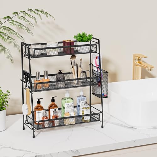 VITVITI 3 Tier Bathroom Organizer Countertop, Counter Storage Shelf, Black | Metal Wire Mesh Bathroom Counter Organizer with Basket Hooks, Vanity Tray, Kitchen Spice Rack - color: 3 Tier Large Black