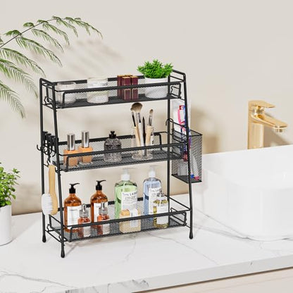 VITVITI 3 Tier Bathroom Organizer Countertop, Counter Storage Shelf, Black | Metal Wire Mesh Bathroom Counter Organizer with Basket Hooks, Vanity Tray, Kitchen Spice Rack - color: 3 Tier Large Black