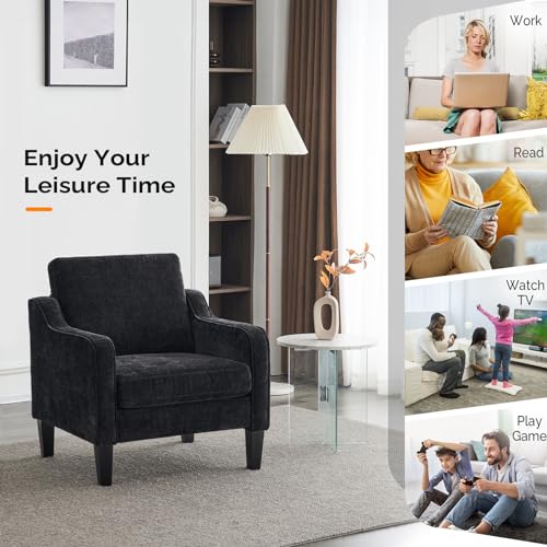 VINGLI Chair Black Upholstered Chenille Accent Chair for Living Room, Bedroom, Mid-Century Modern Arm Chair Comfy Reading Chair with Scooped Arms - color: Black