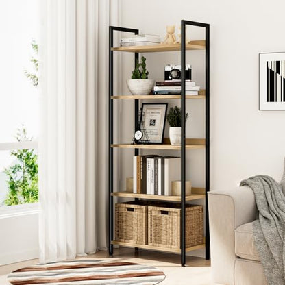 NUMENN Bookshelf, 5 Tier Bookshelves, Home Office Bookcase Shelf Storage Organizer, Free Standing Storage Shelving Unit for Bedroom, Living Room and Home Office, Natural | Metal Frame & Wood Shelves, Falling Prevention Baffle, Open Storage Bookcase for Be