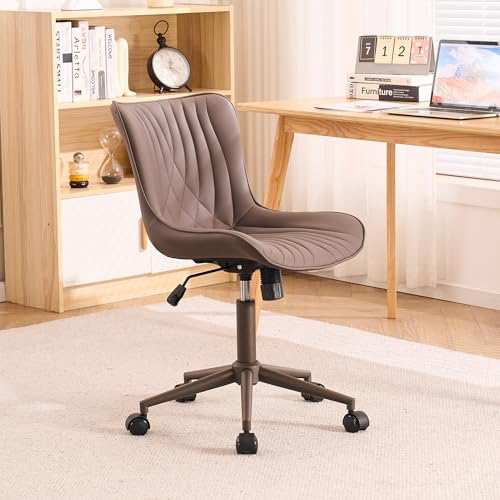 YOUTASTE Armless Office Desk Chair with Wheels, Adjustable Swivel Vanity Chair, PU Leather Upholstered, Ergonomic Back Support, Modern All Brown Computer Chair for Home Office, Bedroom, Study - color: All Brown