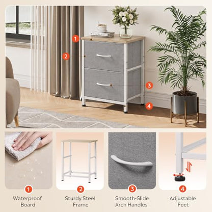 WLIVE Night Stand, Gray Nightstand with 2 Fabric Drawers, Small Dresser for Bedroom, Closet, College Dorm, End Table Side Furniture, Wood Top, Light Grey | Small Dresser for Bedroom, 15-Min Quick-Assembly, Sturdy Metal Frame & Adjustable Feet - color: Lig