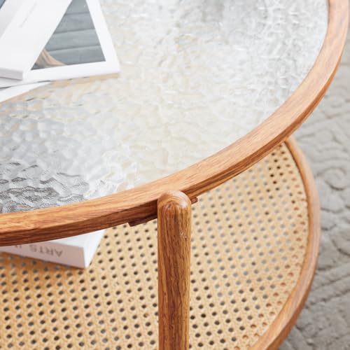VINGLI 30" Rattan Coffee Table, Round Water-Wave Glass Metal Center Table, Modern Coffee Table with 2-Tier Storage, Farmhouse Circular Coffee Tables for Living Room and Small Space, Natural Vibe | Water-Wave Glass Metal Center Table, Boho Coffee Table wit