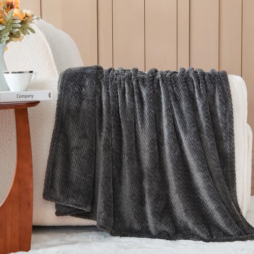 NEWCOSPLAY Fleece Leaves Pattern Throw Blanket, Dark Grey, 50"x60" | Super Soft Throw Blanket, Lightweight Cozy Bed Sofa Blanket, Premium Silky Flannel Fleece, Travel Blanket for All Season Use - color: Dark Grey, size: Throw(50"x60")