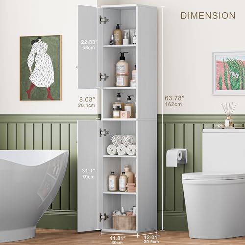 64" Narrow Bathroom Storage Cabinet with Adjustable Shelves and Drawer | 6-Tier Tall Slim Storage Cabinet,Anti-Tip Kit Included,Freestanding Cupboard for Small Spaces, Hallway,White