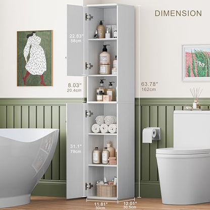 64" Narrow Bathroom Storage Cabinet with Adjustable Shelves and Drawer | 6-Tier Tall Slim Storage Cabinet,Anti-Tip Kit Included,Freestanding Cupboard for Small Spaces, Hallway,White