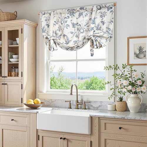 jinchan Linen Blend Kitchen Valance Curtain, Tie up, 42x45, 1 Panel, Blue | Light filtering, linen blend, rod pocket, farmhouse style, rustic decor, kitchen, bathroom, laundry room, RV, small windows - color: Botanical | Blue on Linen, size: 42"W x 45"L (