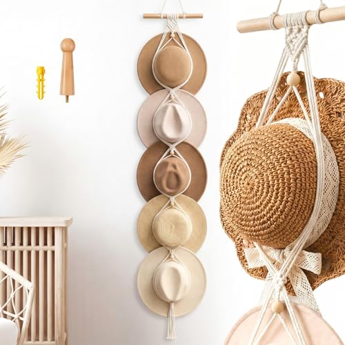 Macrame Hat Hangers Racks Boho Cowboy Hats Holders Western Display Organizer Storage decor Back of Door for Wall(White,Five Hats Style) - color: White, style: Five Hats Style