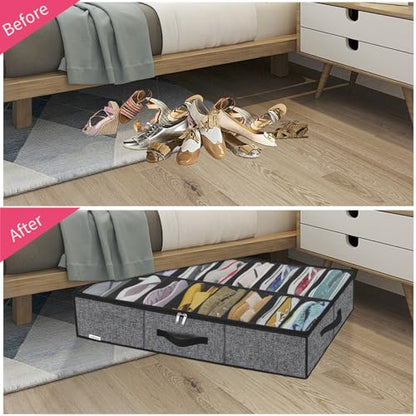 Onlyeasy Sturdy Under Bed Shoe Storage Organizer with Handles and Clear Window Fit 16 to 32 Pairs, Premium Foldable Shoes Container Box for Closet, 37.7x 23.6x 5.9 inch, Cotton-like Black, MXBUBS16P2 - color: 2 Shoes (16+16 Cells) Cotton-like Black