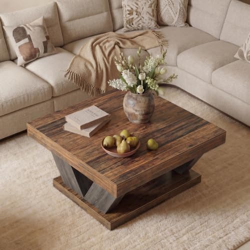 LITTLE TREE Coffee Table, Farmhouse Coffee Table with Large Storage Shelf | 2-Tier Rustic Wood Modern Center Table for Living Room、Home Office, Brown and Black - color: Black+brown