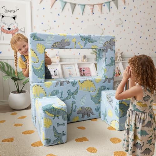 MeMoreCool Glow in Dark Dinosaur Kids Couch, Fold Out Loveseat Sofa | Glow in dark dinosaur kids loveseat folds out to mini sofa - color: Blue Dinosaur