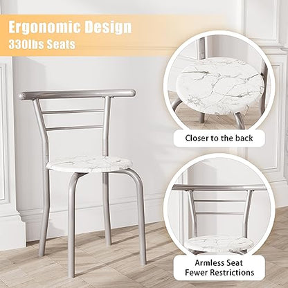 JUMMICO 3-Piece Wooden Round Table & Chair Set | Kitchen Breakfast Nook Wood Grain Tabletop with Metal Frame and Built-in Wine Rack for Kitchen, Dining Room (White/Silver) - color: White/Silver