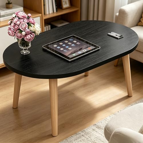 23.6" Small Coffee Table for Small Space, Mini Low Oval Coffee Table | with 4 Solid Wood Leg, Floor Table Desk for Sitting on The Floor, Side Tea Table for Living Room Apartment, Oval Black - color: 23.6"l Oval Black