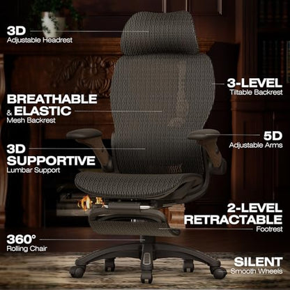 X100 Ergonomic Mesh Office Chair with Footrest, Big and Tall Home Desk Chair with 5D Flip-Up Arms, Adjustable 3D Lumbar Support, Gaming & Executive Computer Chair (Library Oak) - color: Library Oak