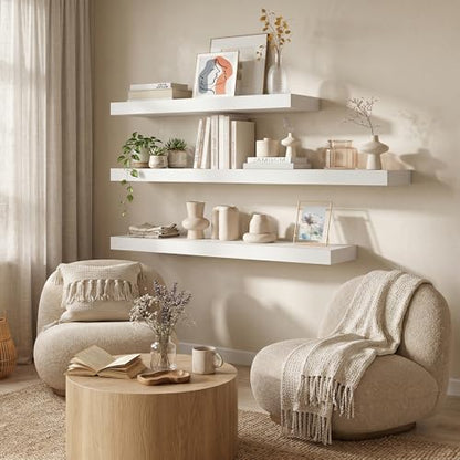 12 Inch Deep Floating Shelves, 12'' x 12'' White Shelves Set of 2 | Invisible Brackets, Engineered Wood, Mounting Hardware Included, 30LBS, Bathroom, Laundry Room, Kitchen, Living Room - color: White, size: 12W x 11.6D x 2H, 2 Pack