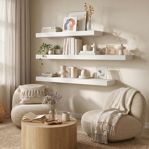32 Inch Floating Shelves, 12'' Deep White Shelves for Wall Set of 2 | Invisible Brackets, Engineered Wood, Mounting Hardware Included, 40LBS, Bathroom, Laundry Room, Kitchen, Living Room - color: White, size: 32W x 11.6D x 2H, 2 Pack