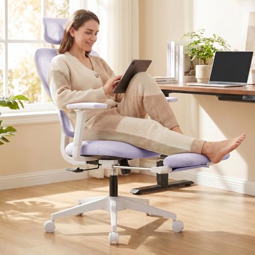 Ergonomic Office Chair with Footrest and Dynamic Lumbar Support, Purple | Reclining high-back computer chair, memory foam seat, 2D armrests, 2D headrest, mesh desk chair for home office, long hours - color: Purple