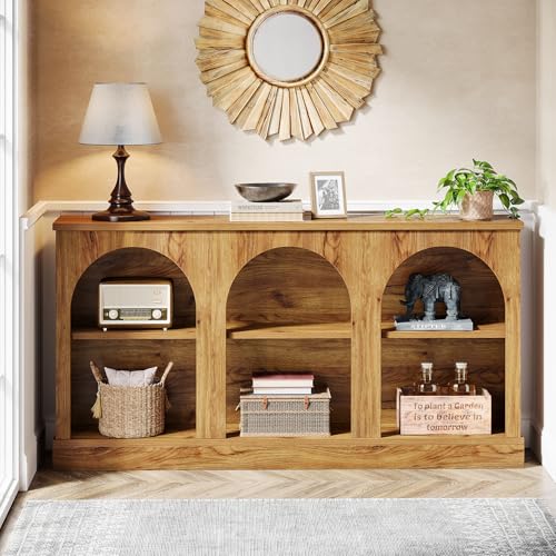 Tribesigns Console Table with Storage, 63" Long Arched Entryway Table | 3 Tier Wooden Farmhouse Sofa Table Behind The Couch for Entrance, Hallway, Foyer, Living Room, Natural Wood - color: Natural Wood