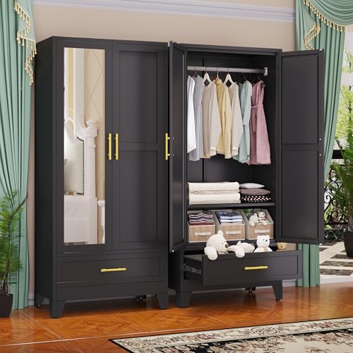 GAIOUS Steel Armoire Wardrobe Closet with Mirror Door and Drawer 71" Black | Household Wardrobe Cabinet with Hanging Rod, Metal Clothing Storage Cabinet with Adjustable Shelf for Bedroom, Cloak, Gym - color: 1 Drawer Black- Mirror Style, size: 17.71"D x 3