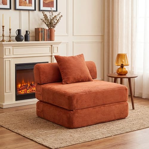 Sofa Bed Couch,Convertible Boneless Couch Compressed Chair Comfy Boneless Chair Floor Lounge Chair with Pillow,No Assembly Folding Sofa Beds for Living Room Bedroom Guest Room(Single,Orange - color: Orange, size: Single Sofa