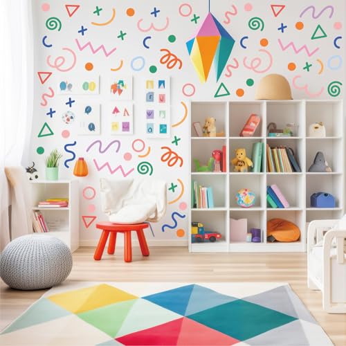 200 PCS Peel & Stick Removable Colorful Abstract Geometric Wall Decals | 10 Sheets Vinyl Wall Stickers in Mixed Size Shapes (1.8–5.7 in) for Nursery, Kids Room, Bedroom, Playroom & Home Decor - color: Irregular Lines a