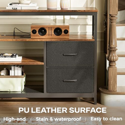 Huuger TV Stand Dresser with Power Outlets and LED Lights, 4 Drawers Entertainment Center with Shelves, 54 Inch Media Console for 55 60 Inch TV, PU Finish, Rustic Brown and Black - color: Rustic Brown and Black, size: 54 Inches
