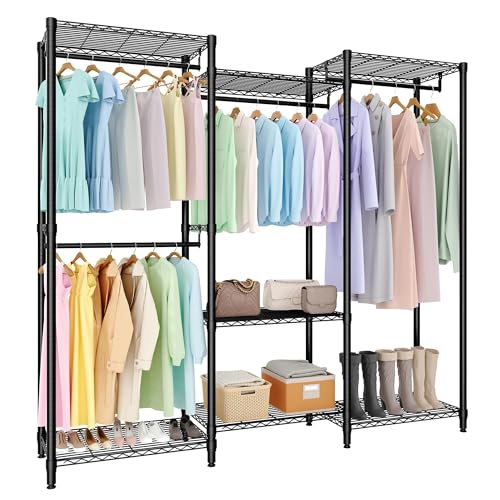Freestanding Heavy Duty Garment Rack with Adjustable Shelves and Hanging Rods, Large 1630 Lbs Capacity Portable Closet Organizer for Bedroom or Cloakroom Storage, Black - size: (2x3x2)67.6"D x 15.5"W x 76.5"H