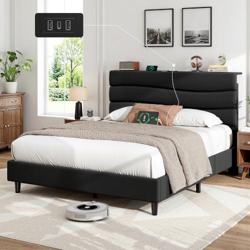 EnHomee Full Size Bed Frame with Upholstered Headboard & Charging Station | Adjustable height, Wave design, 2 USB & 1 Type-C ports, Under-bed storage, Noise-free, No box spring needed, Black - color: Black, size: Full
