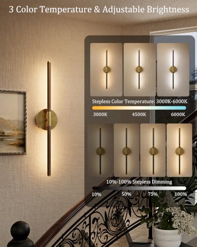 40" Battery Operated Wall Sconce Set of 2, 350° Rotating Lamp, Walnut Gold | Wireless, 8000mAh Rechargeable Battery, Stepless Dimming, 3000K-6000K, Remote & Touch Control, Timer, Living Room, Bedroom - color: Walnut Gold, size: 40 Inch (2 Pack)