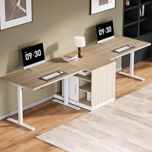 114" Two Person Electric Height Adjustable Standing Desk | Office Furniture Set with Storage, Extra Long Executive Desk Workstation with File Cabinets for Home Office, Light Walnut - color: Light Walnut