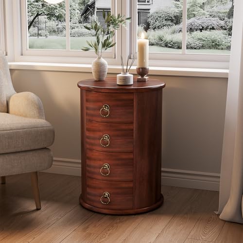 LITTLE TREE Small Side Table, Round Solid Wood End Table with Storage for Living Room, Mid Century Modern Nightstand with 4 Drawers for Bedroom, Small Spaces, Couch, Bedside, No Assembly Required - size: 1