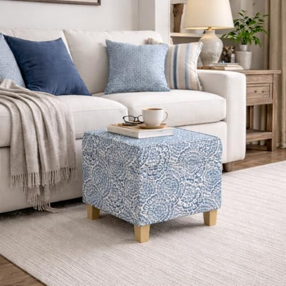 HomePop 18" Classic Square Storage Ottoman - Blue & Cream Modern Floral - color: Blue and Cream Modern Floral