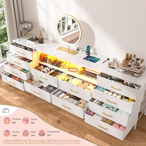 EnHomee 12 Drawers Dresser for Bedroom,TV Stand Fits 55/65/70 inch TVs | Entertainment Center with LED Lights & Power Outlets,Long Fabric Dresser with 2 Wood Shelves for Living Room,White PU Leather - color: White