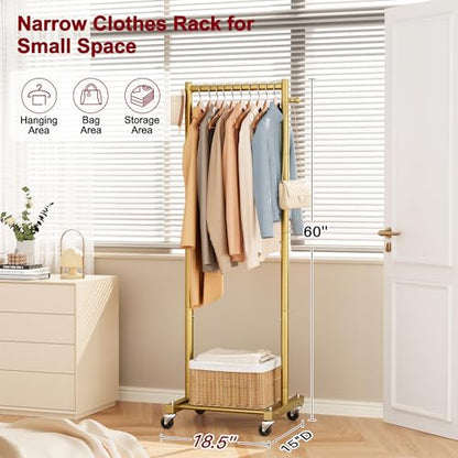 SLEEPING LAMB Small Clothes Racks for Hanging Clothes, Rolling Clothing Rack with Shelves, 60" Metal Garment Rack with Wheels Portable Wardrobe Rack for Small Space, Gold - color: Gold