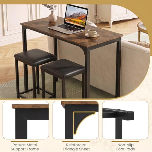 COSTWAY Dining Table Set, Counter Height Table, 2 Upholstered Stools | Rustic Brown & Black, PU Leather Seats, Metal Frame, Industrial, Space-Saving for Small Space, Dorm & Kitchen Island - color: Rustic Brown & Black