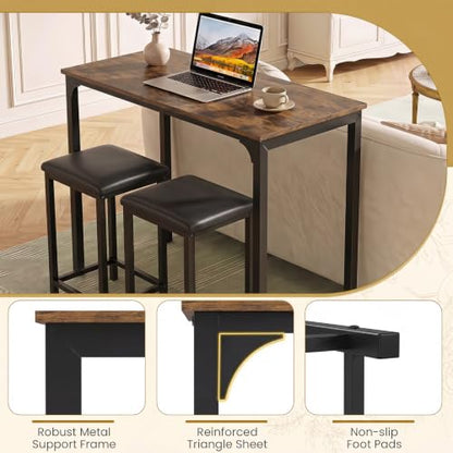 COSTWAY Dining Table Set, Counter Height Table, 2 Upholstered Stools | Rustic Brown & Black, PU Leather Seats, Metal Frame, Industrial, Space-Saving for Small Space, Dorm & Kitchen Island - color: Rustic Brown & Black