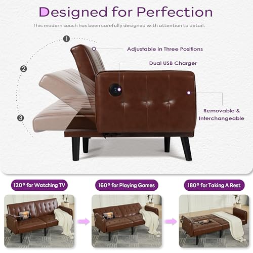 65'' Convertible Futon Sofa Bed with USB, Small Couch for Living Room | Sleeper Sofa and Loveseat, Adjustable Folding Couch with Tufted Design and 2 USB Ports, Bedroom Apartment Office, Brown - color: Brown
