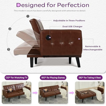 65'' Convertible Futon Sofa Bed with USB, Small Couch for Living Room | Sleeper Sofa and Loveseat, Adjustable Folding Couch with Tufted Design and 2 USB Ports, Bedroom Apartment Office, Brown - color: Brown