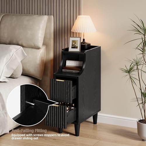 Fluted Nightstands Set of 2,Narrow Bedside Table with 2 Drawers & Storage, Farmhouse Walnut End Table Modern Side Table for Bedroom Livingroom Sofa Office, Small Space - color: Black,7.9" With 2 Drawers