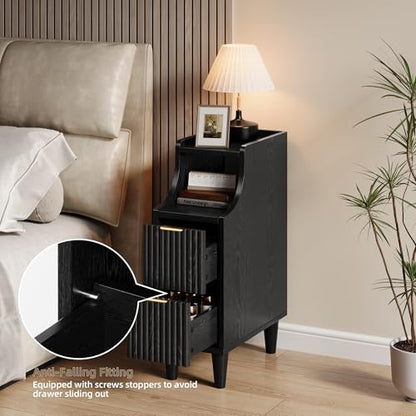 Fluted Nightstands Set of 2,Narrow Bedside Table with 2 Drawers & Storage, Farmhouse Walnut End Table Modern Side Table for Bedroom Livingroom Sofa Office, Small Space - color: Black,7.9" With 2 Drawers