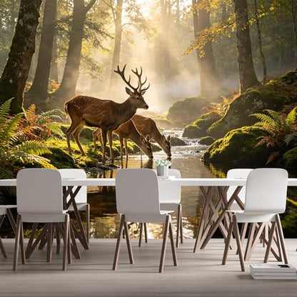 Custom Size Wall Murals Forest Landscape Deer Creek Morning Light Water Reflection SelfAdhesive Wall Fabric Removable Large Wallpaper for Photo Living Room