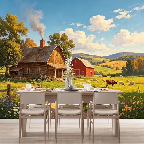 Custom Size Wall Murals Country Farm Landscape Oil Painting Barn Meadow Cows Sheep Pasture Farmhouse Style SelfAdhesive Wall Fabric Removable Large Wallpaper for Living Room