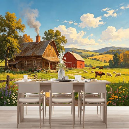 Custom Size Wall Murals Country Farm Landscape Oil Painting Barn Meadow Cows Sheep Pasture Farmhouse Style SelfAdhesive Wall Fabric Removable Large Wallpaper for Living Room