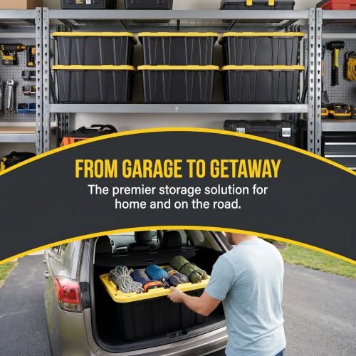 4 Pack 17 Gallon Stackable Storage Bins with Lockable Lids, Black & Yellow | Heavy-duty plastic, stackable & nestable, lock-compatible lid, garage/home/office/moving use, 26.3"x17.8"x12.3" each