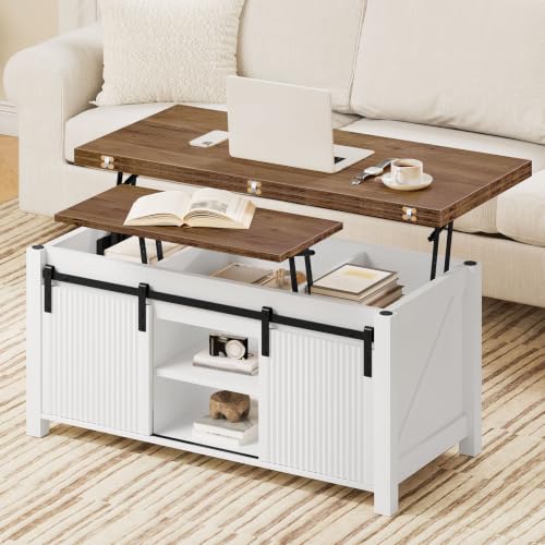 Lift Top Coffee Table, 4 in 1 Convertible Coffee Table, Farmhouse Coffee Tables, with Hidden Compartments, with Sliding Doors, for Living Room, Apartment, White and Walnut MKF01WL - color: White + Walnut