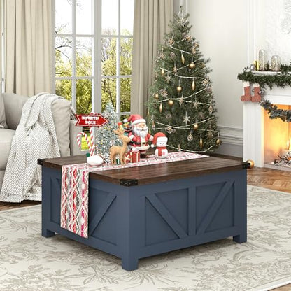 jimeimen Farmhouse Lift Top Coffee Table with Storage, Wood Square Center Table with Charging Station&USB Port, Living Room Table w/Large Hidden Space, for Living Room, Bedroom, Home Office, Blue - color: Blue