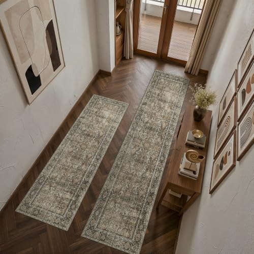 Brown Kitchen Rug Set 2 Piece 2x6+2x10 Vintage Distressed | Washable, Non Slip, Low Pile, Floor Mats for Entryway, Kitchen, Bathroom, Laundry Room, Farmhouse Decor - color: Accent Brown, size: 2'x6'+2'x10'
